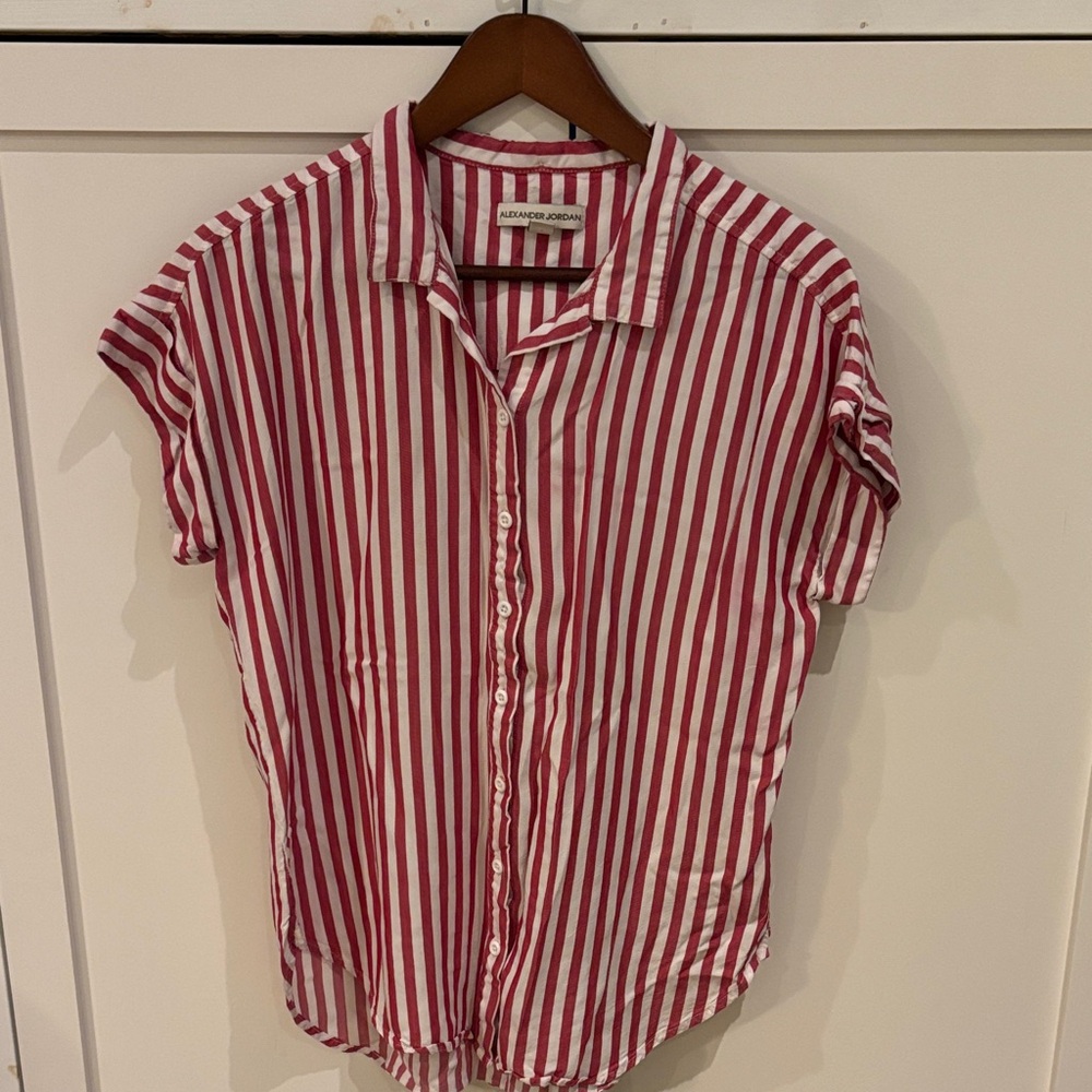 Red and White Striped Button-Up Shirt